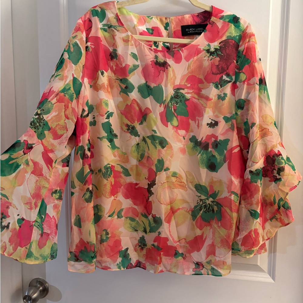 Evan Picone Black Label Floral Print Ruffle Sleeve Blouse Sz XL $59 - Picture 2 of 8